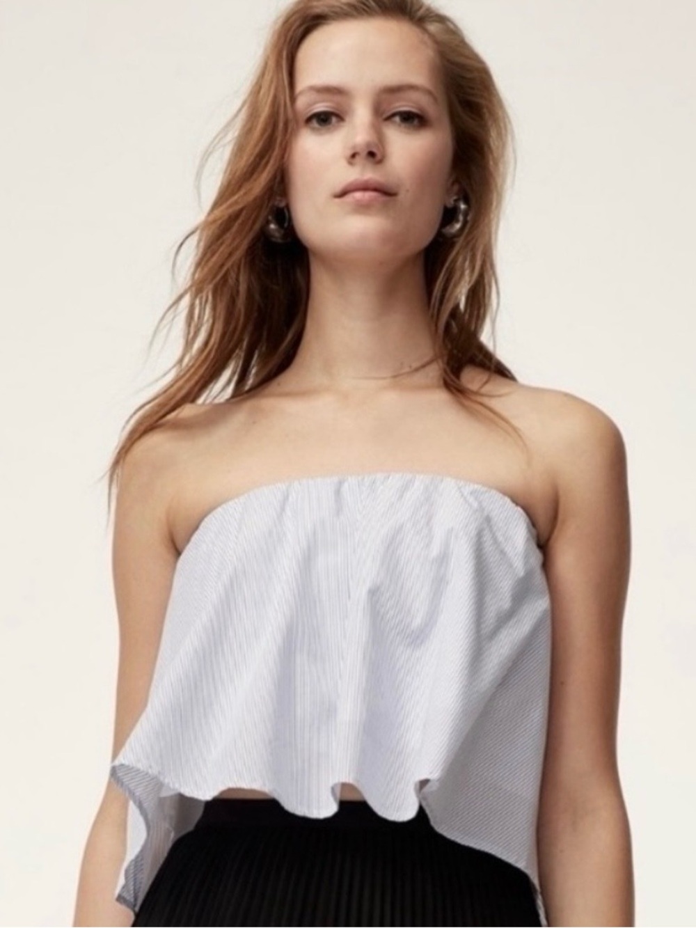 Babaton Eckered Blue Striped Flounce Tube Top
